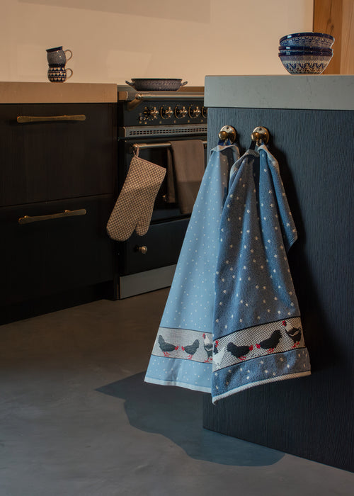 Luxe Keukendoek en Theedoek Kip Grijs Blauw - Bunzlau Castle - 100% biologisch GOTS katoen - keukentextiel set