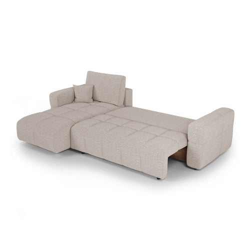 Premium Interiors - Linkshoekbank met slaapfunctie en opbergruimte VIBE - bouclé-stof beige 286cm