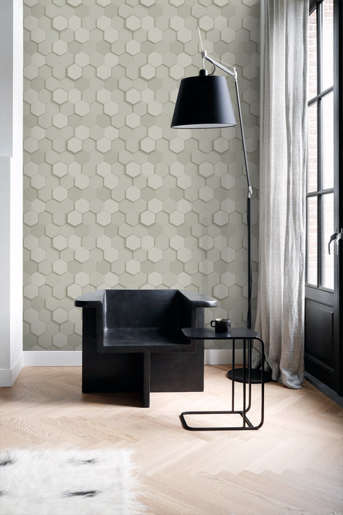 Origin Wallcoverings behang 3d hexagon motief lichtgrijs - 53 cm x 10.05 m - 347850