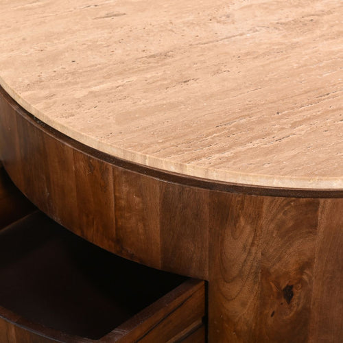 Giga Meubel Salontafel Elan Rond - Travertin - Walnoot - 90x90x35cm - Incl. Lades - vtwonen shop