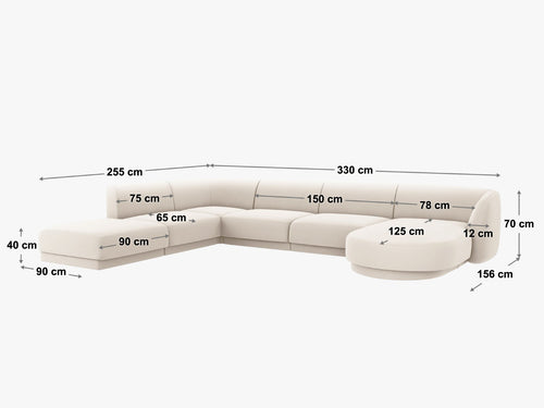 Micadoni Panoramische hoekbank rechts Miley 6-zits, structurele stof geld - 255x330x70cm