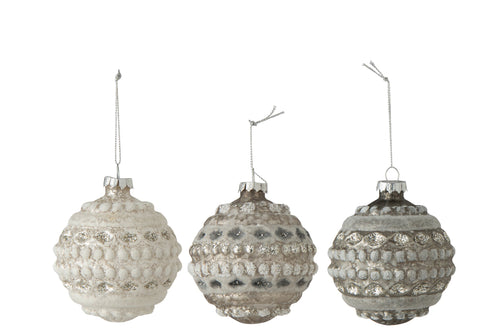 J-Line Kerstbal - glas - ecru/grijs - small - assortiment van 3