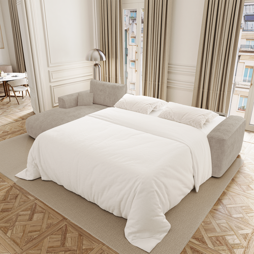 Premium Interiors - Linkerhoekbank met snelle uitklapfunctie COMO - zacht aanvoelende geweven stof beige 300cm