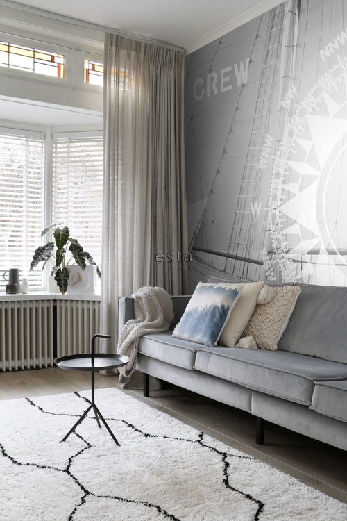 ESTAhome fotobehang zeilboot zwart en wit - 372 x 270 cm - 156430 - vtwonen shop