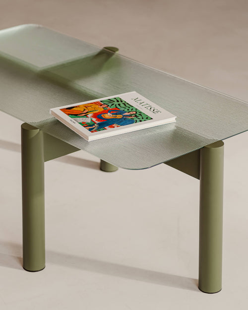 noo.ma Kob salontafel - ornamenten gehard glas, massief eiken poten, 116 x 60 x 11 cm