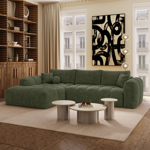 Premium Interiors - Linkshoekbank met slaapfunctie en opbergruimte SKY - kruisbinding  vintage groen 310cm