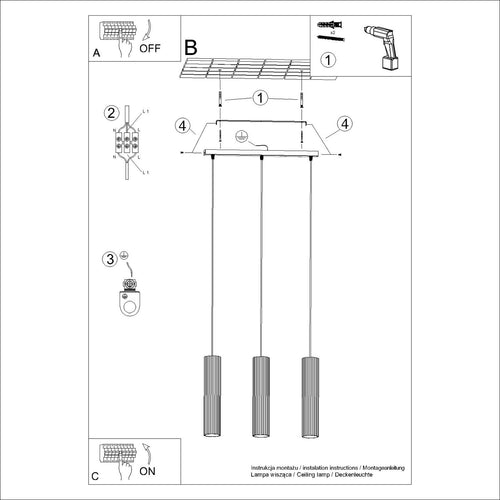 Sollux Lighting Hanglamp KARBON 3L ultramarijn - 45x6,5x98cm