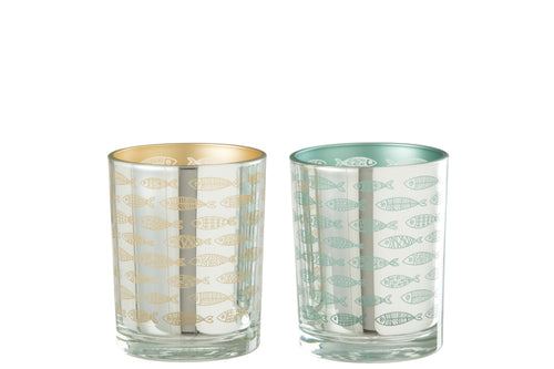 J-Line windlicht Vissen - glas - beige/blauw - small - 2 stuks