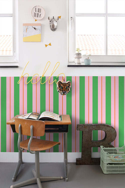 ESTAhome behang strepen groen en roze - 50 x 900 cm - 131679