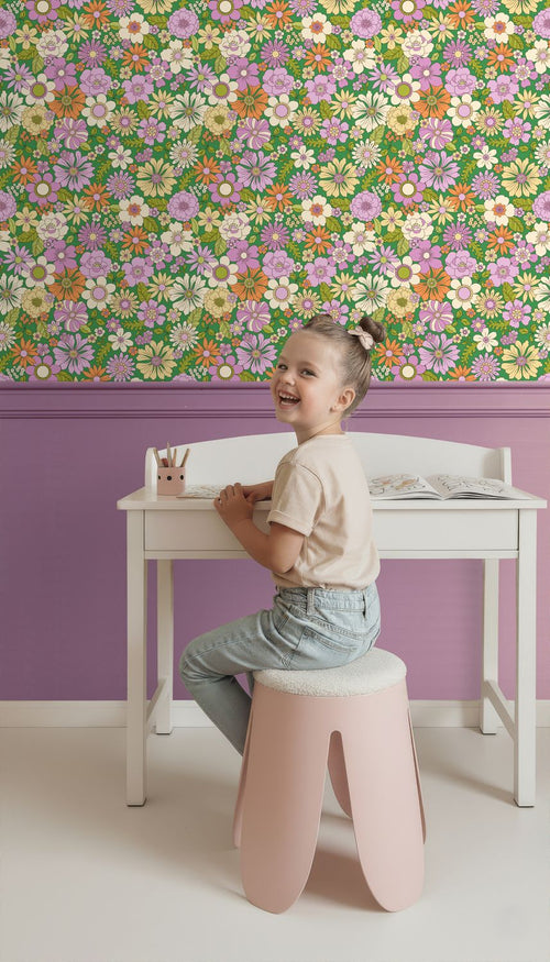 ESTAhome behang retro bloemen groen, paars, beige en oranje - 50 x 900 cm - 131808