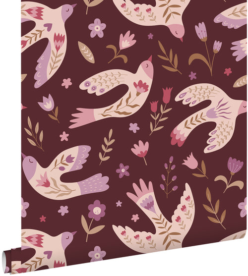 ESTAhome behang bloemen en vogels aubergine paars - 50 x 900 cm - 131759