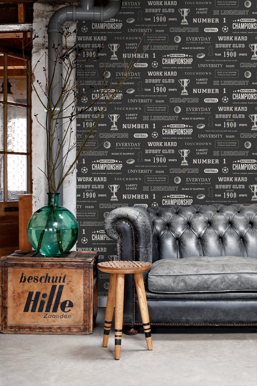 ESTAhome behang sportquotes zwart - 53 cm x 10.05 m - 128815
