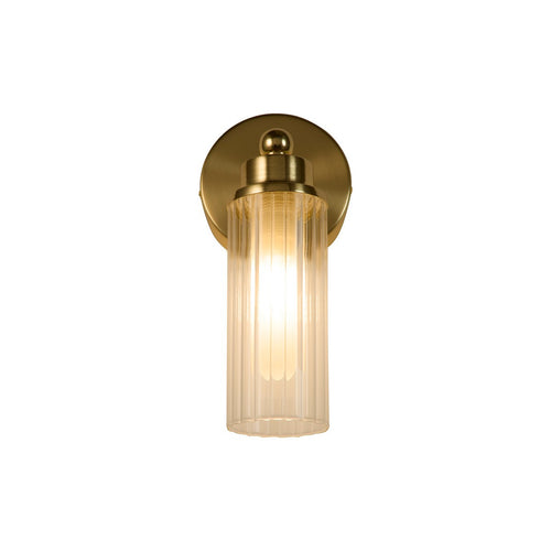 Searchlight Imperial 1-lichts wandlamp, satijnen messing metaal en helder geribbeld glas