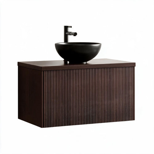 LOMAZOO badkamermeubel Messina - geribbeld - zwevend - opbouw - zwarte waskom - walnoot - 80 cm