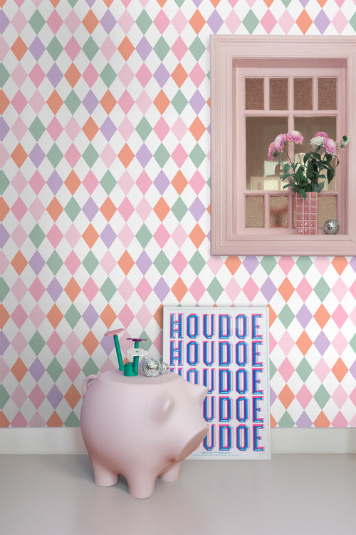 ESTAhome behang ruitjes lila paars, oranje en roze - 50 x 900 cm - 131765