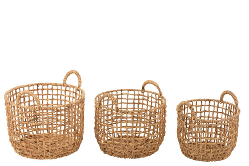 J-Line mand Rond Open Waterhyacint - jute - naturel - 3 stuks
