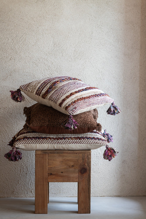 J-Line kussen Vierkant Gevlochten Chindi + Kwasten - katoen - creme/bruin