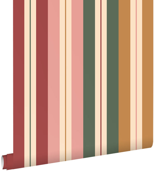 ESTAhome behang strepen roze, bruin, groen en bordeaux rood - 50 x 900 cm - 132039
