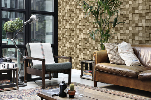 ESTAhome behang 3D-houtmotief donker beige - 53 cm x 10.05 m - 138529