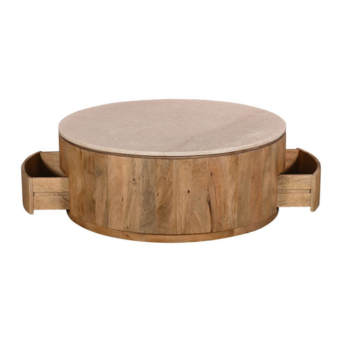 Giga Meubel Salontafel Elan Rond - Travertin - Naturel - 90x90x35cm - Incl. Lades - vtwonen shop