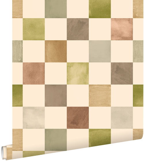 ESTAhome behang geblokt motief groen en bruin - 50 x 900 cm - 132176