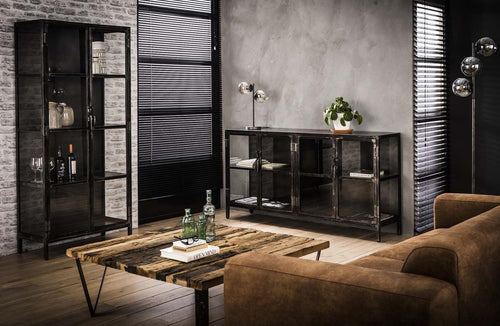 Giga Meubel Vitrinekast Rift - Zwart Metaal - 2 Deuren - 90x40x190cm