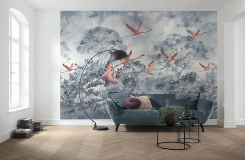 Sanders & Sanders fotobehang flamingo's blauw grijs en roze - 400 x 280 cm - 612046