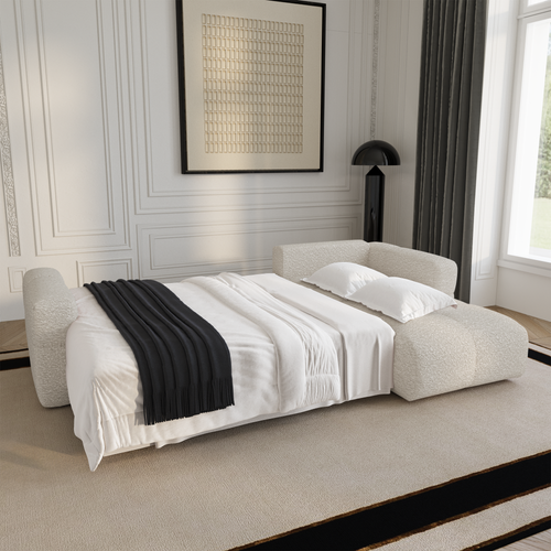 Premium Interiors - Rechthoekige hoekbank met slaapfunctie en opbergruimte VIBE - bouclé-stof crème 286cm