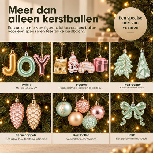 Mica Decorations Kerstboomornamenten JOY 26 stuks - Onbreekbare Kerstballen en Figuren - Set Kerstversiering in Roze, Champagne en Lichtgroen -