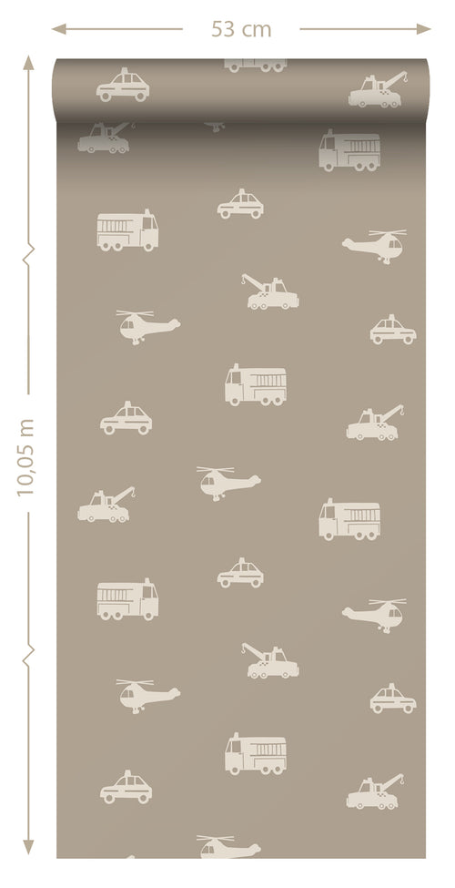 ESTAhome behang auto's, brandweerauto's, helikopters en kranen taupe - 53 cm x 10.05 m - 131399 - vtwonen shop