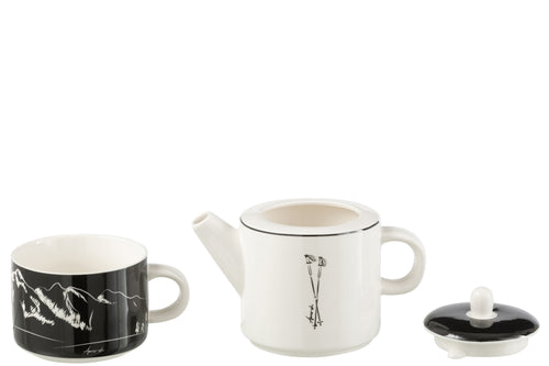 J-Line theepot + tas  - keramiek - zwart/wit - giftbox