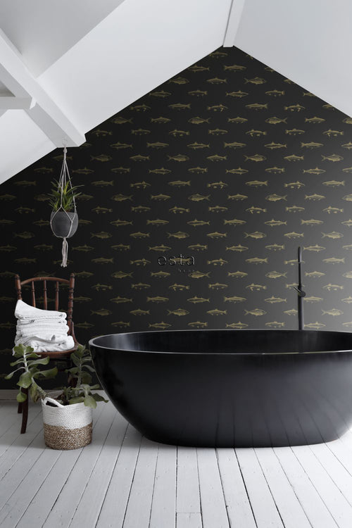 ESTAhome behang pentekening vissen zwart en goud - 53 cm x 10.05 m - 139124