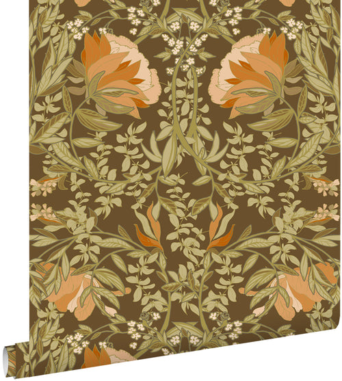 ESTAhome behang vintage bloemen in art nouveau stijl groen en oranje - 50 x 900 cm - 131730