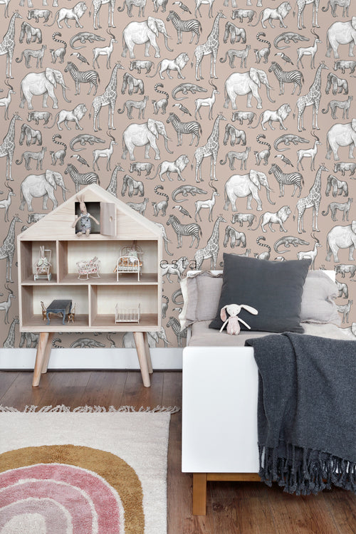 ESTAhome behang jungle dieren oudroze en grijs - 53 cm x 10.05 m - 139271