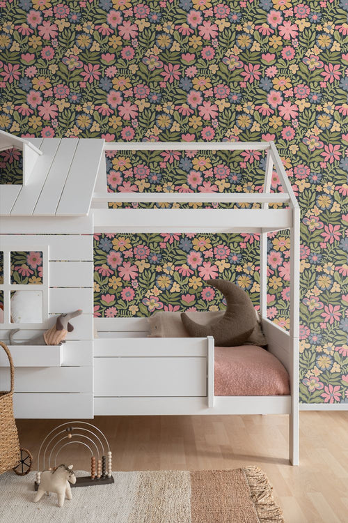 ESTAhome behang bloemetjes blauw, groen en roze - 50 x 900 cm - 132292