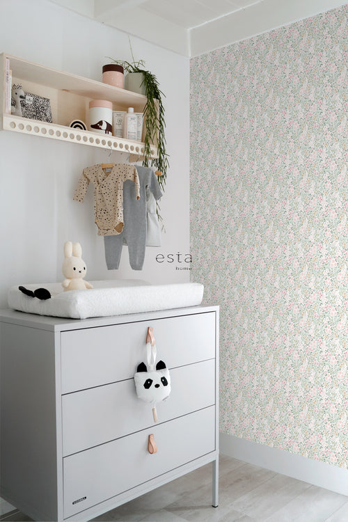ESTAhome behang bloemetjes zacht roze en groen - 53 cm x 10.05 m - 139532