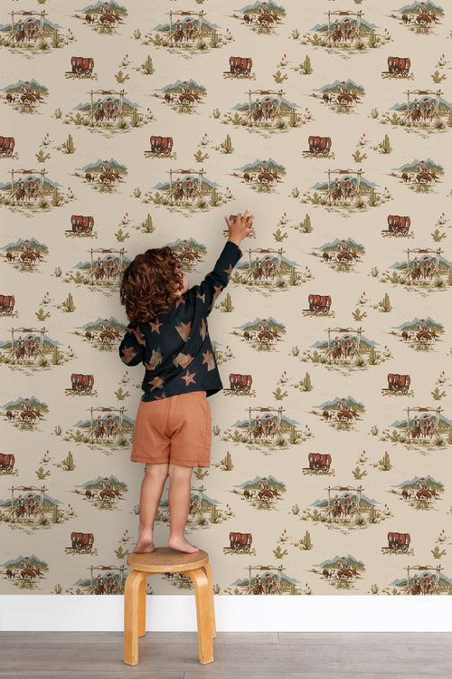 ESTAhome behang cowboys donker beige, blauw en groen - 50 x 900 cm - 131411 - vtwonen shop