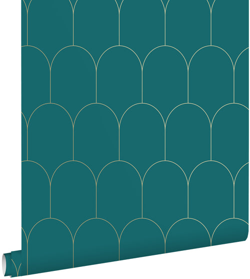 ESTAhome behang art deco motief petrolblauw en goud - 53 cm x 10.05 m - 139205