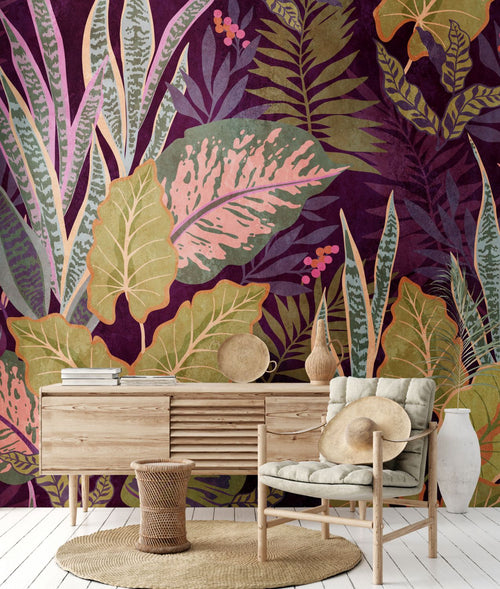 One Wall one Role fotobehang jungle-motief lila paars, groen, beige en roze - 371 x 280 cm - AS-382751 - vtwonen shop