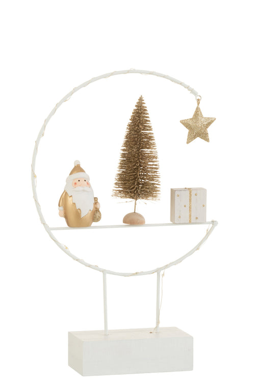 J-Line decoratie Semicirkel Op Voet + Kerstman - hout - wit/goud - LED lichtjes