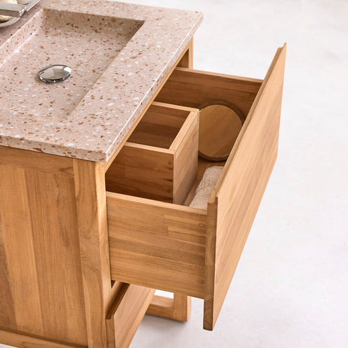 Tikamoon Badkamermeubel van massief teakhout en roze premium terrazzo 60 cm - Lichtbruin