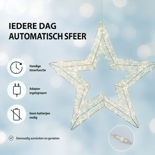 Luca Lighting Ster Hangend Zilver met 600 Warm Witte LED's - Kerstversiering voor Raam of Muur - Inclusief Adapter en Timer - Diameter 45 x Breedte 5