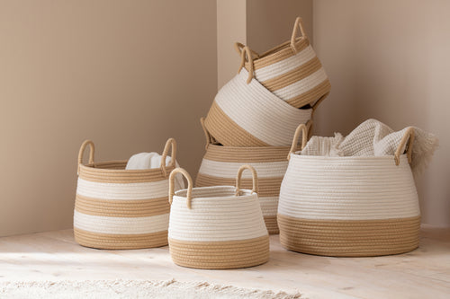 J-Line mand met handvat Rond Gestreept - polyester - naturel/wit - set van 3
