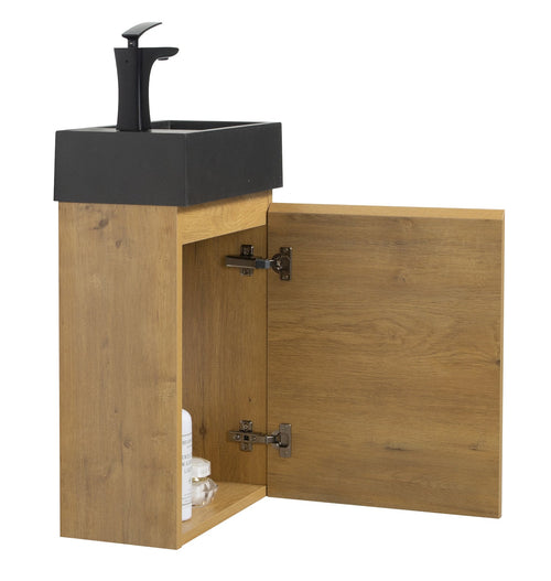 Badplaats Toiletmeubel Angela 40 x 22 cm – Eiken – Fonteinmeubel met Zwarte Wastafel