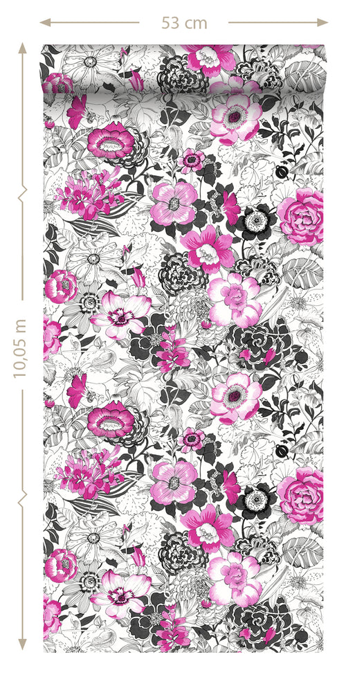 ESTAhome behang bloemen roze en zwart - 53 cm x 10.05 m - 138504