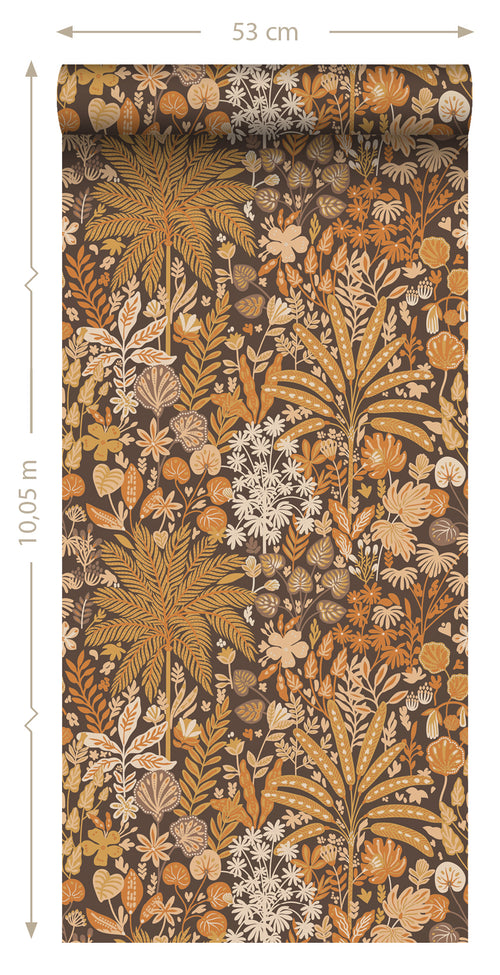 ESTAhome behang tropische bladeren en bloemen oranje, beige, mosterdgeel en donkerbruin - 50 x 900 cm - 130945 - vtwonen shop