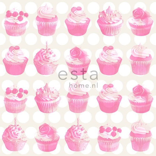 ESTAhome behang cupcakes op glanzende stip roze - 53 cm x 10.05 m - 138723