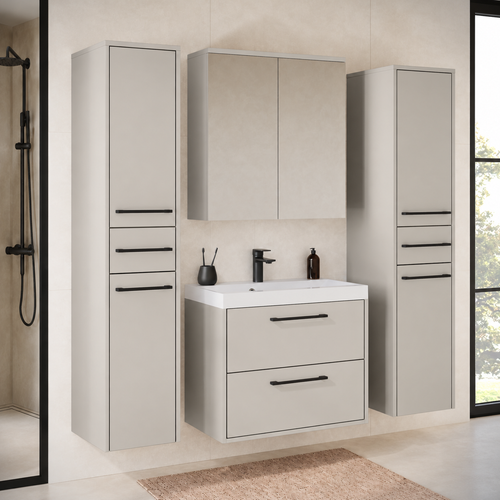 Badplaats Badkamermeubel Set Florence 60 cm XL – Beige – Hangend Badmeubel met Wastafel, Spiegelkast en Zijkasten
