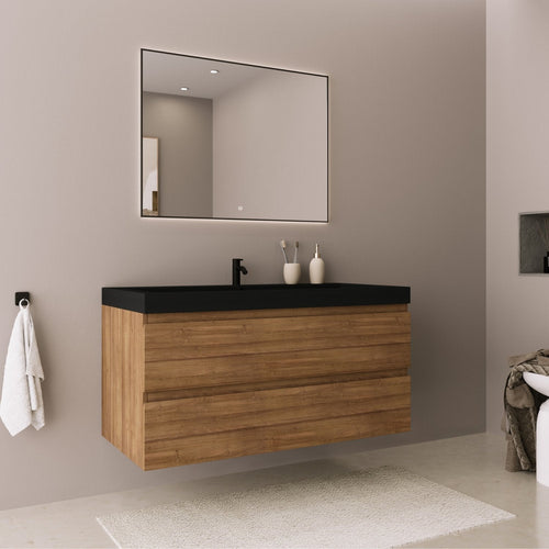 LOMAZOO badmeubelset Avalon - met hoge kast & zwarte wastafel - warm eiken - 100 cm