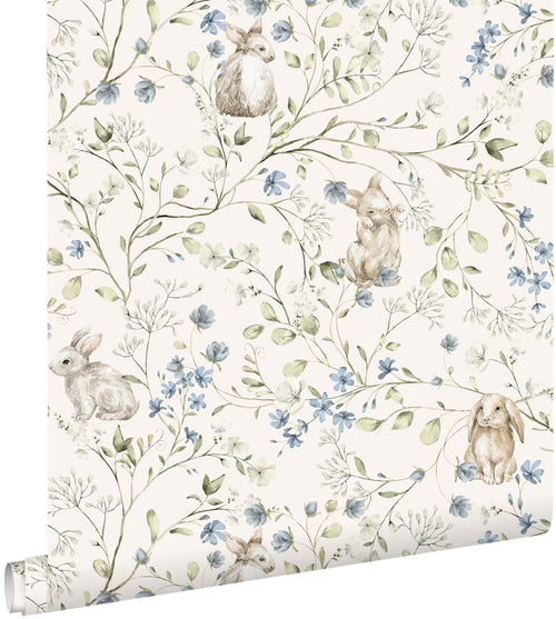 ESTAhome behang toile de jouy konijnen beige, groen, blauw en wit - 53 cm x 10.05 m - 131138